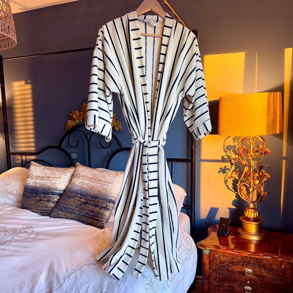 Dior Other - Christian Dior Vintage Mens Terry Cream and Navy Blue Striped Robe